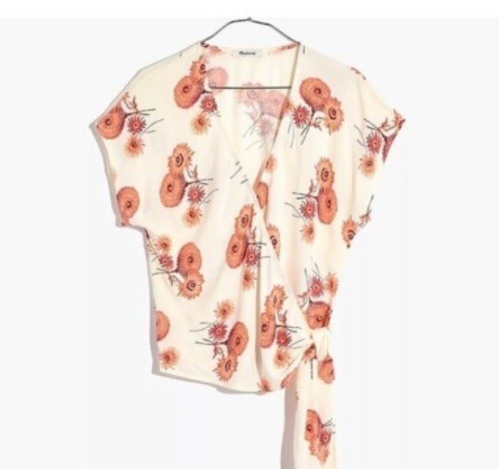 Madewell Floral Wrap Top Womens Small Tie Waist Short Sleeve Boho Lightweight